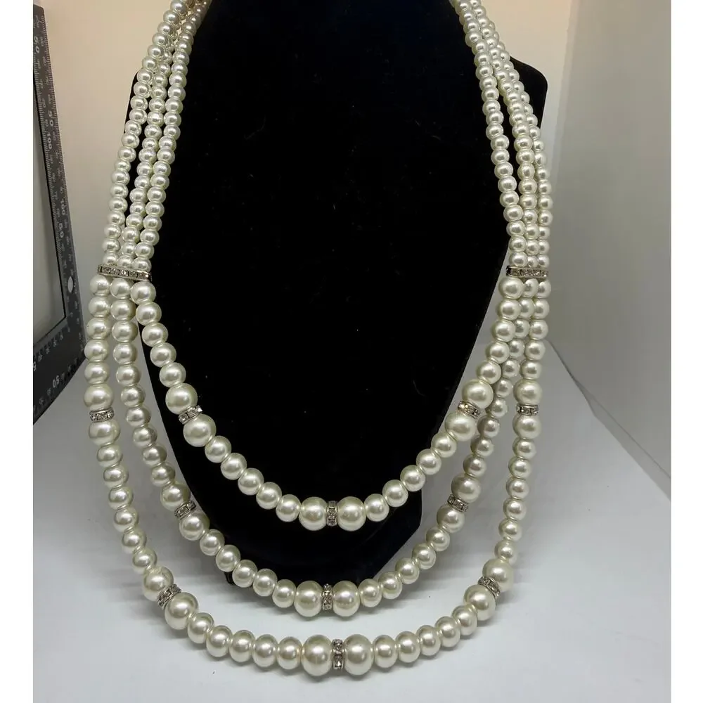 Triple Strand Faux Pearls Rhinestone Statement Necklace Layered Wedding Coquette